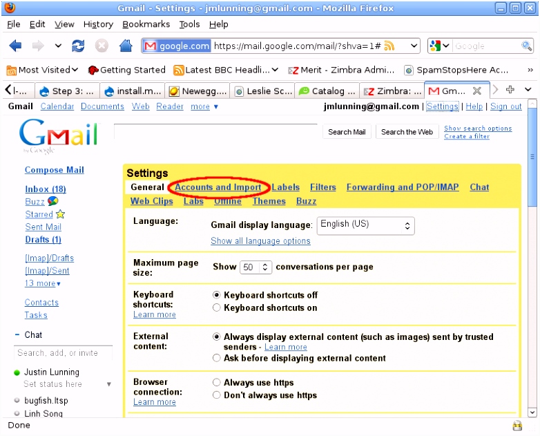 How can I read and send Zimbra mail in my GMail Account Npserv help