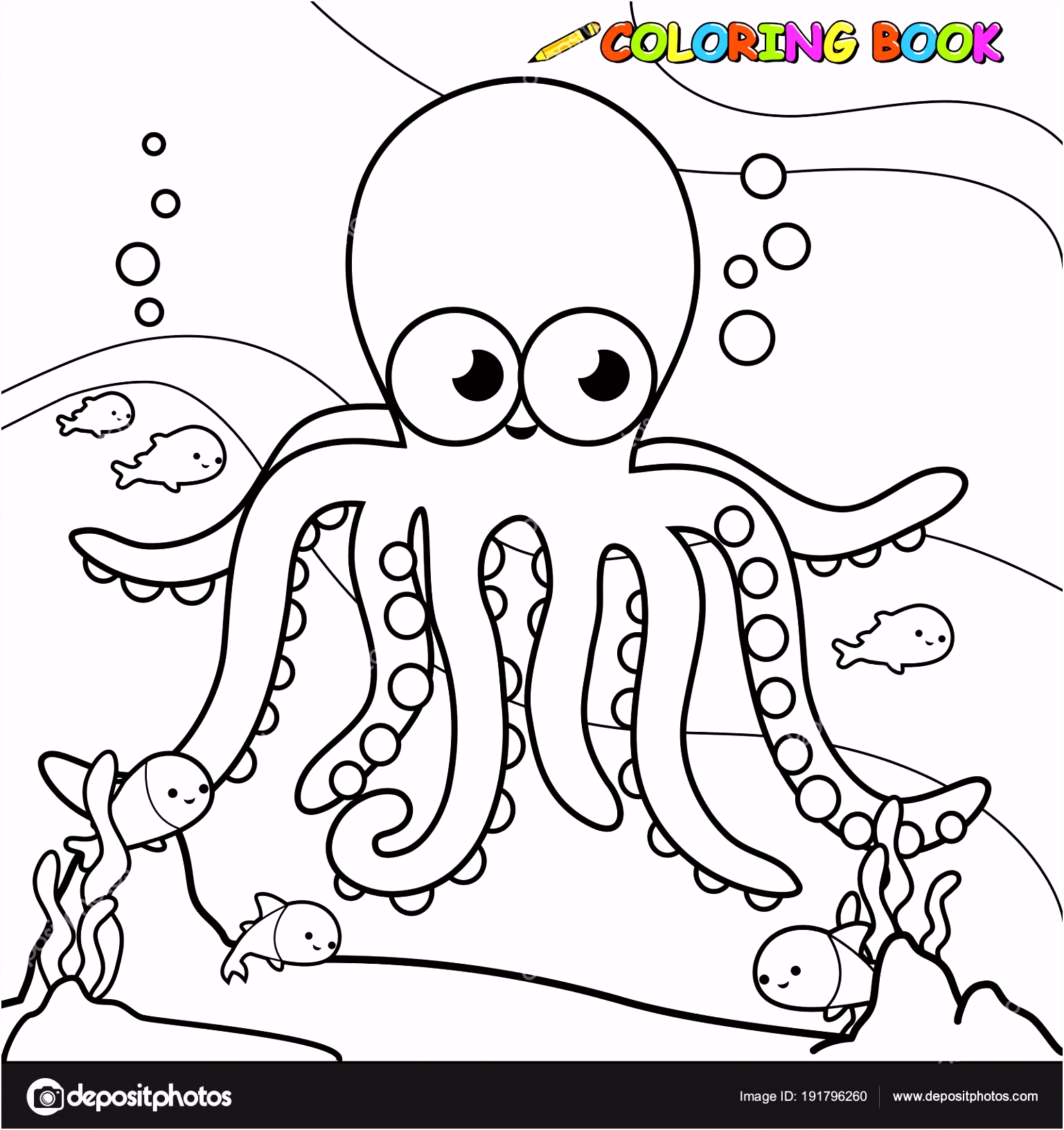 Octopus onderwater zwemmen Boek kleurplaat — Stockvector