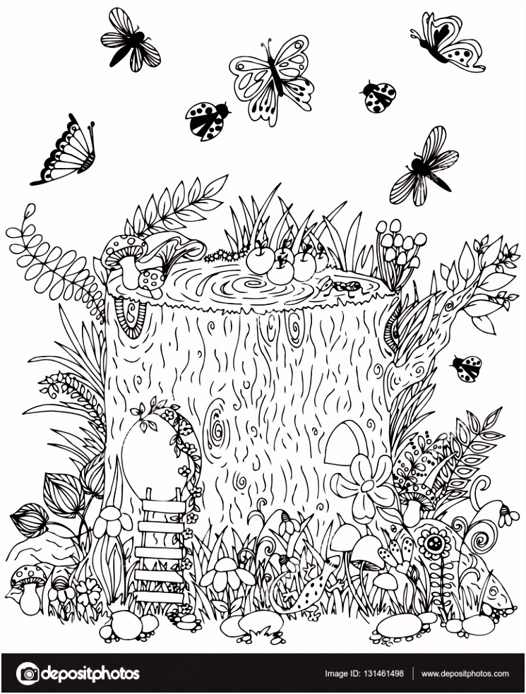 Kleurplaten Handgemaakt Voor Volwassenen Fairy Stomp Met Deur Vlinders Vectorillustratie Doodle Tekening C3dc94tvu4 Xmlg0hasnv