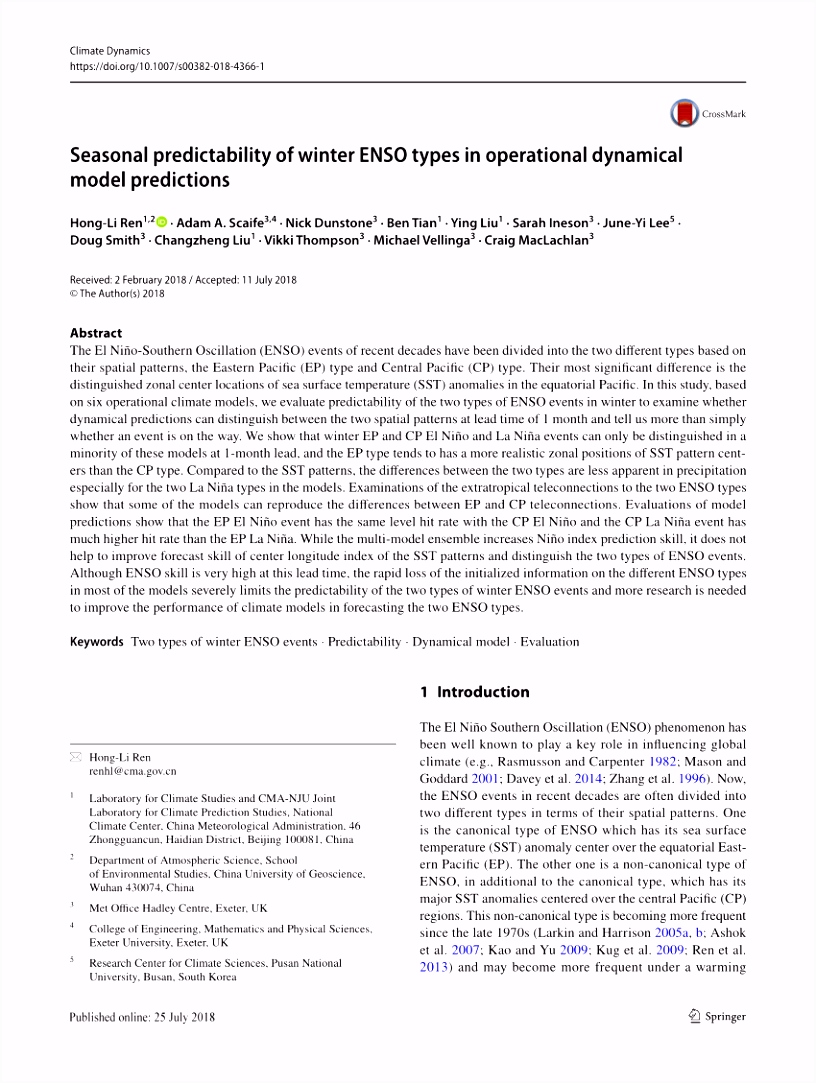 PDF Seasonal predictability of winter ENSO types in operational