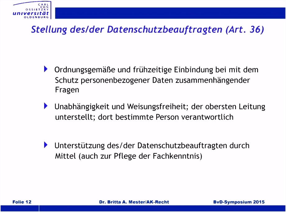 Der Datenschutzbeauftragte in der EU Datenschutzgrundverordnung