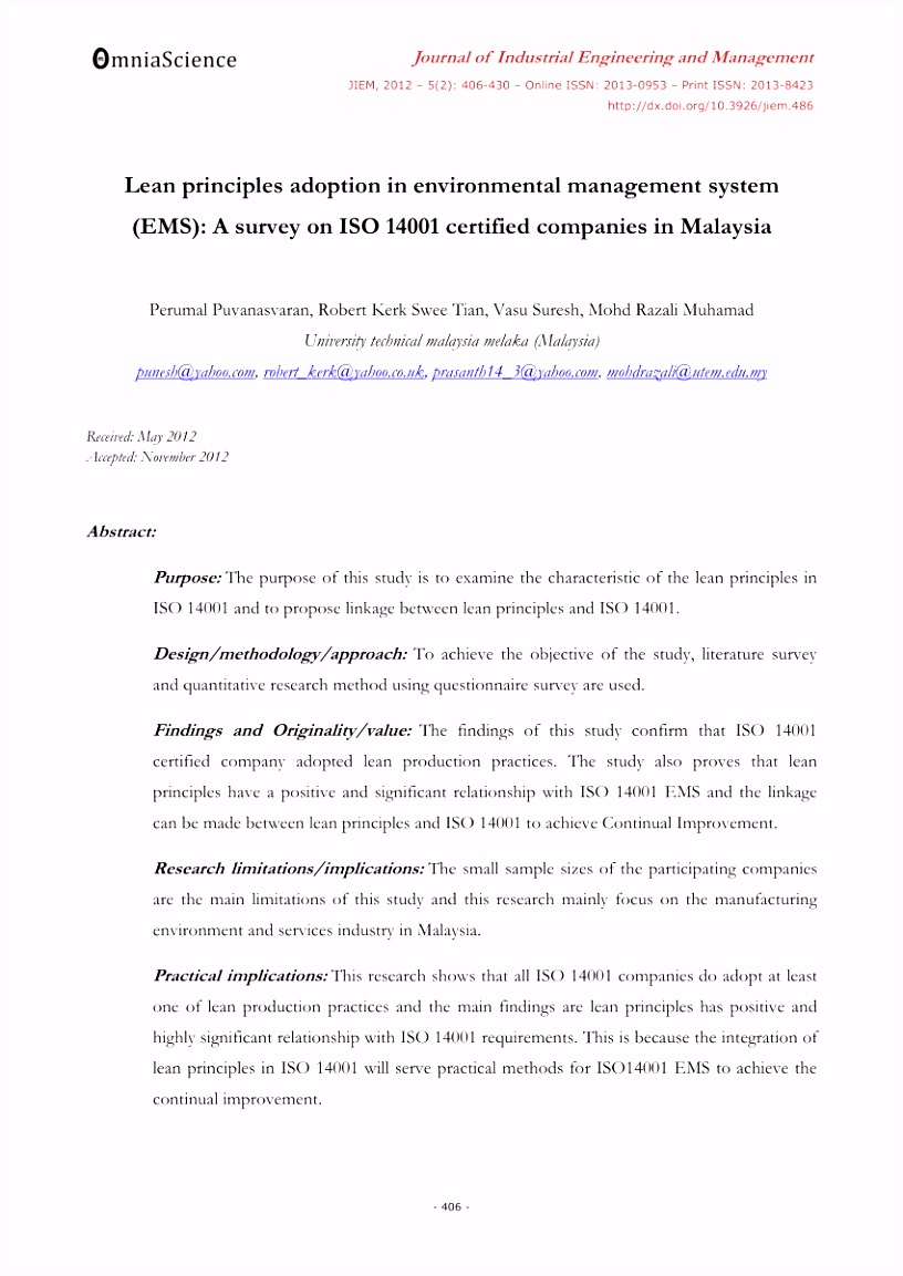 PDF Lean principles adoption in environmental management system