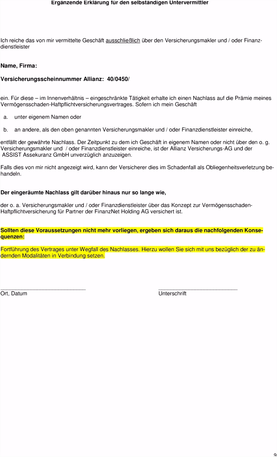 Antrag Vermögensschaden Haftpflichtversicherung
