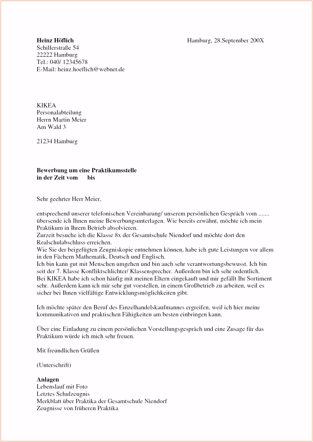 Besten Der Bewerbung Praktikum Schüler 9 Klasse