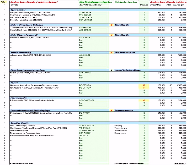 15 10 2014 – Was kostet mich KNX Kalkulationshilfe in Excel