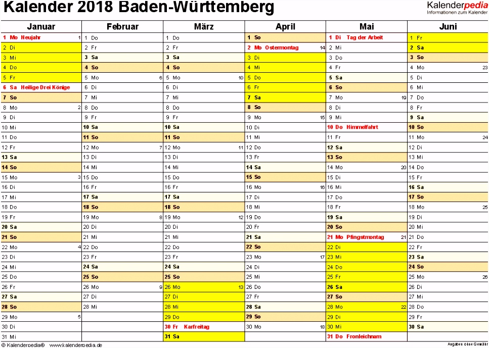 Kalender 2018 Baden Württemberg Ferien Feiertage Word Vorlagen