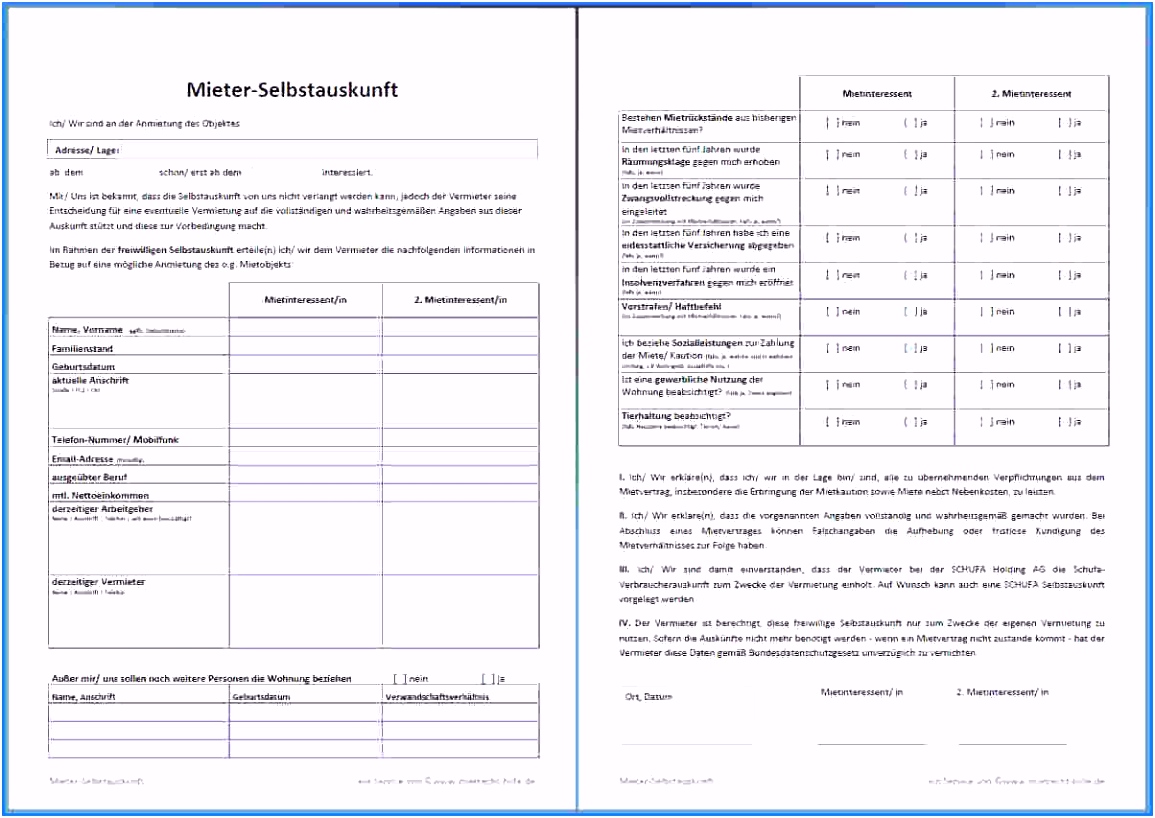Inspirierende Vorlage Mieterselbstauskunft