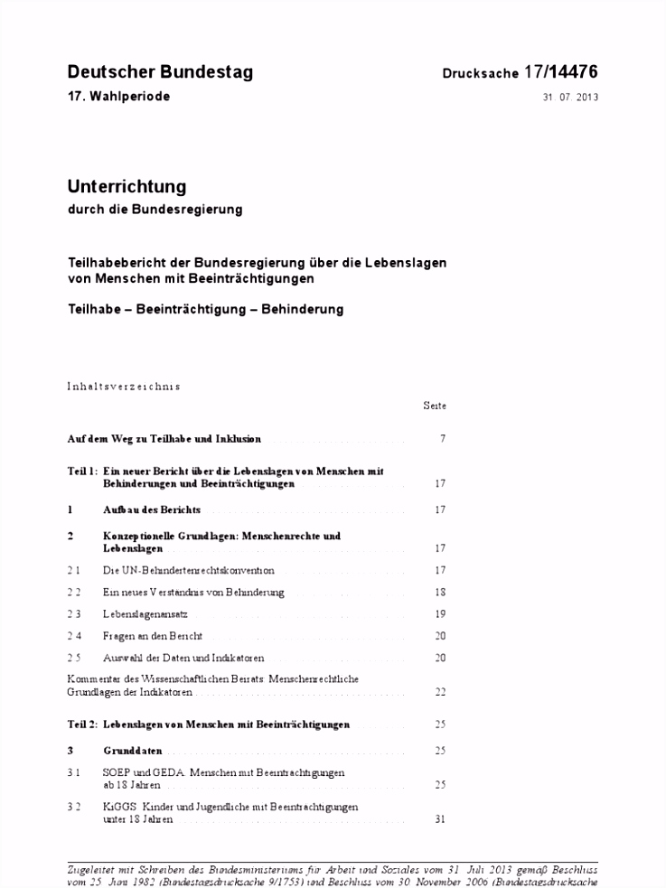 Bundestag Dr 17 Teilhabe Beinträchtung Behinderung