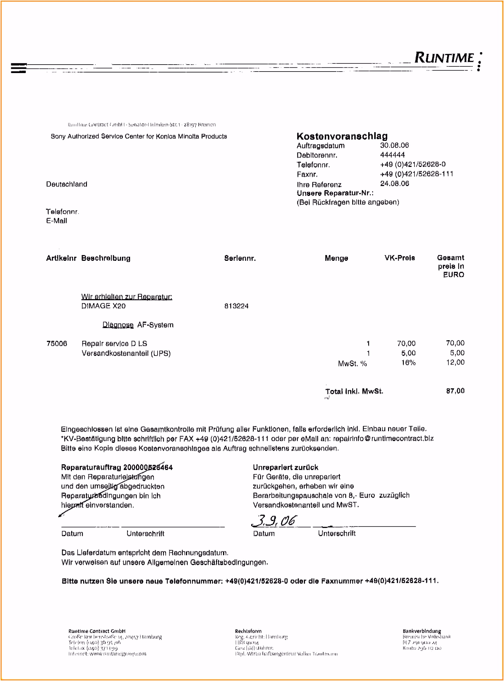 Neues Kostenvoranschlag Vorlage