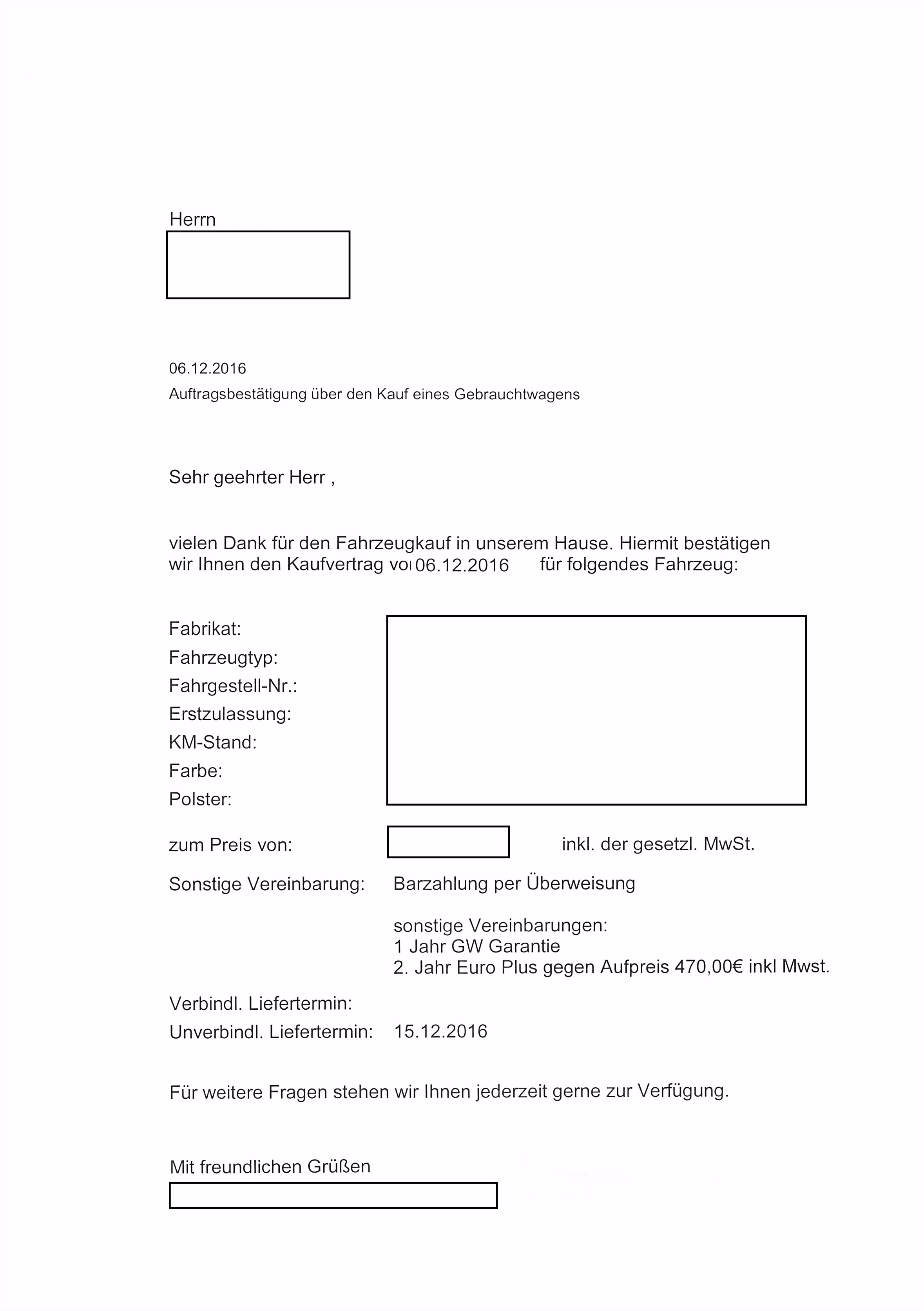 Auftragsbestätigung über den Kauf eines Gebrauchtwagens