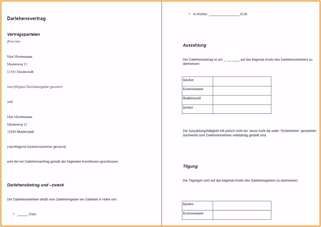 Privater Darlehensvertrag Muster Doc