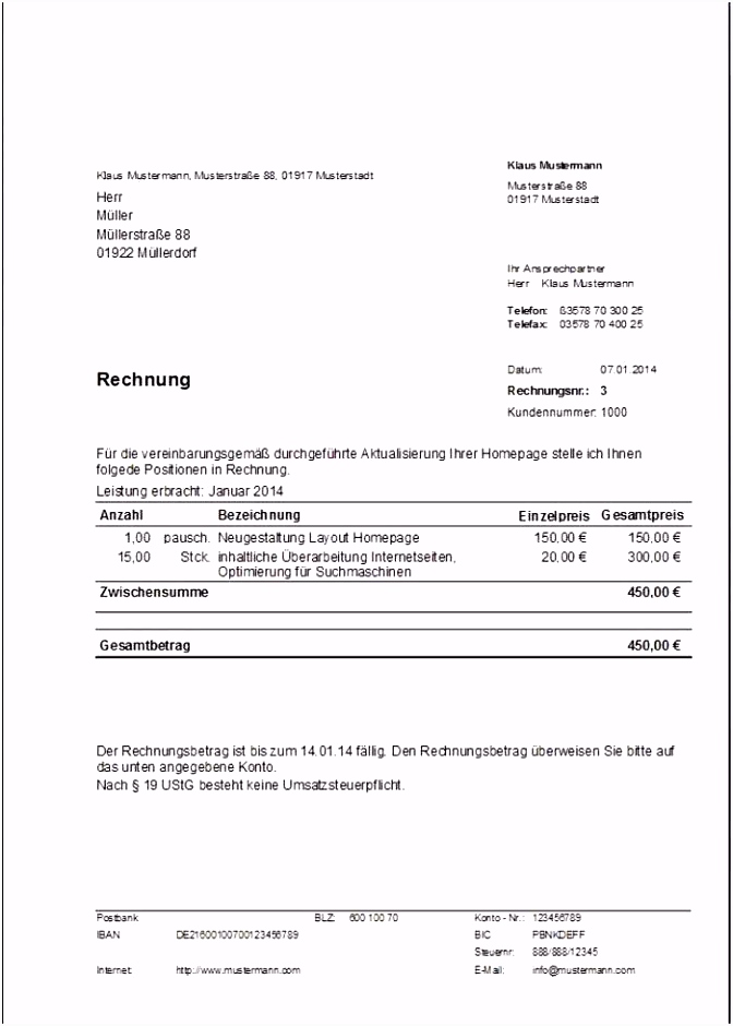 Rechnung Ohne Mehrwertsteuer Vorlage Word Derech
