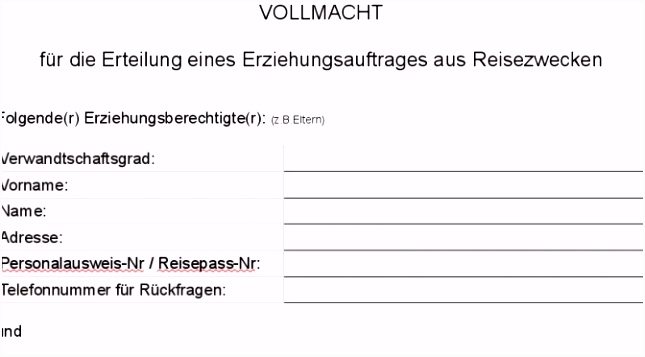 Vollmachtsformular wenn Kinder mit Verwandten Freunden reisen