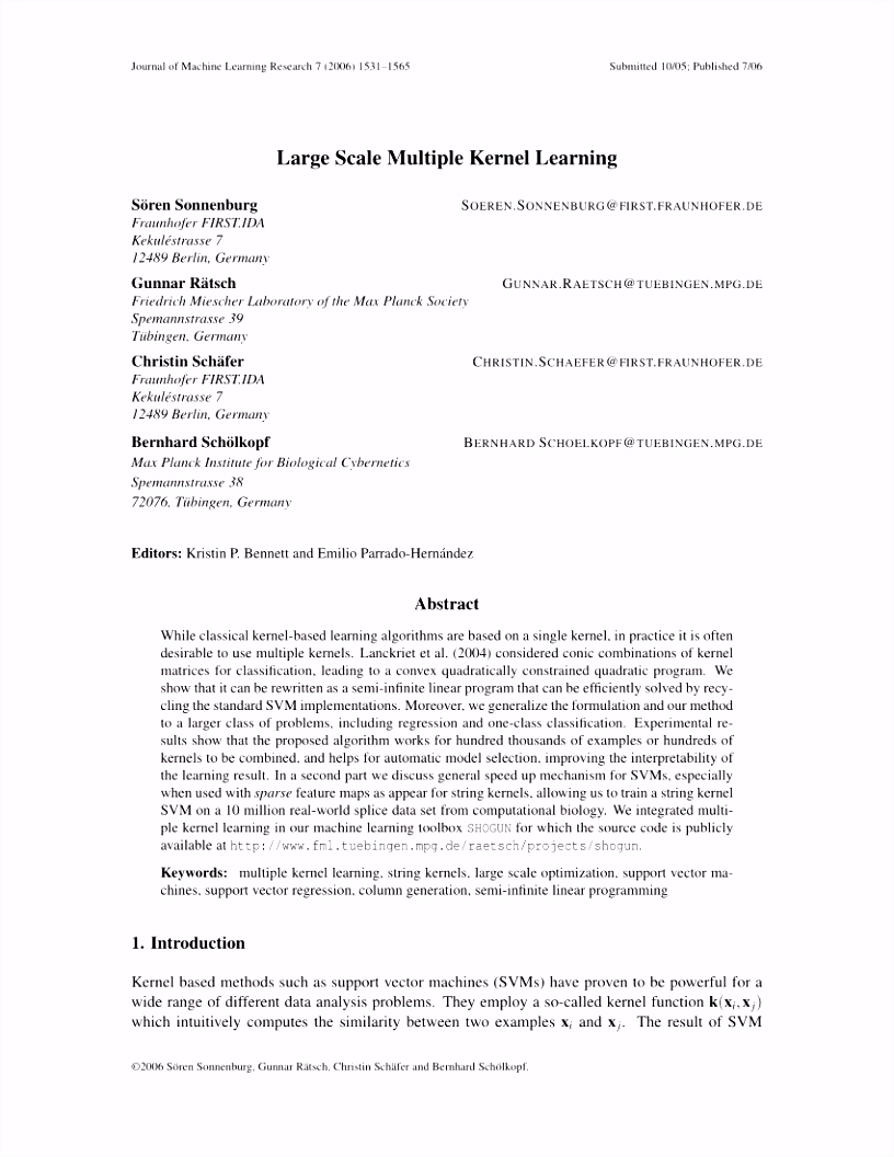 PDF A Binary Classification Framework for Two Stage Multiple Kernel