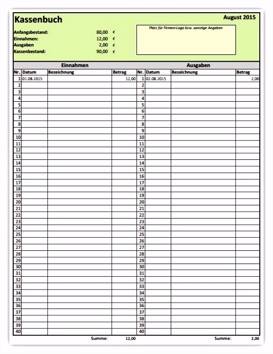 Excel Vorlage Kassenbuch Alle Meine Vorlagen