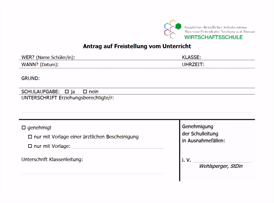 Befreiung Beurlaubung Wirtschaftsschule Neuburg an der Donau
