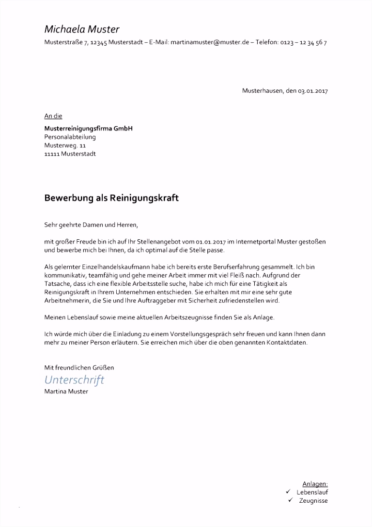 Bewerbung Reinigungskraft Vorlage Kostenlos Bewerbung