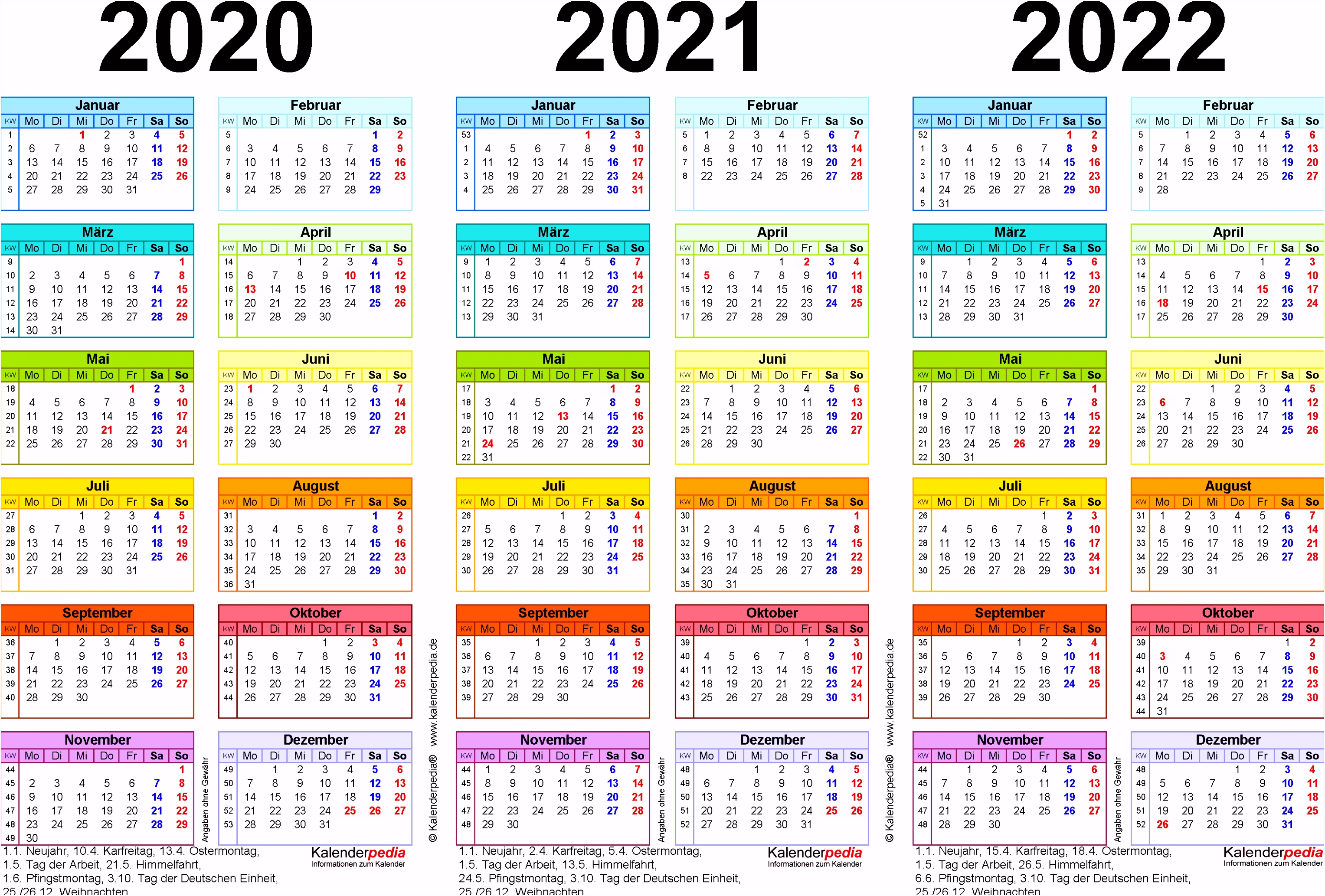 Dreijahreskalender 2020 2021 2022 als PDF Vorlagen