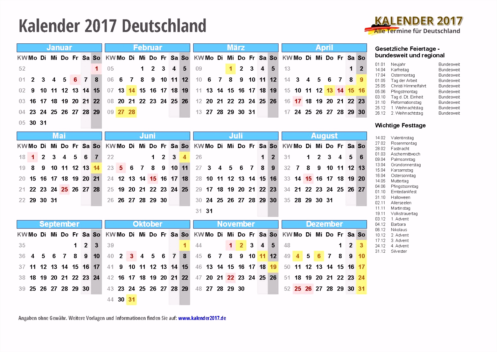 KALENDER 2017 zum Ausdrucken