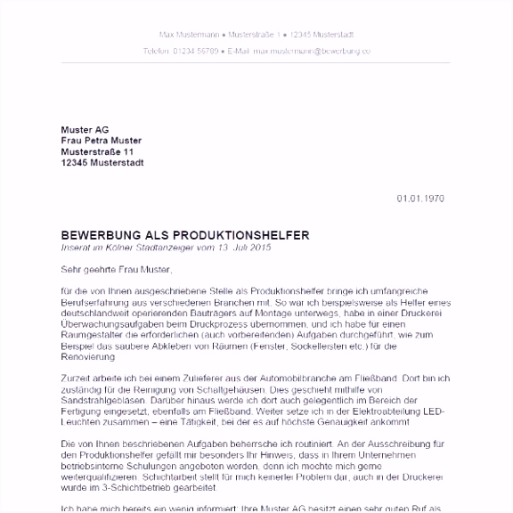 Bewerbung Muster Produktionshelfer Muster Und Vorlage