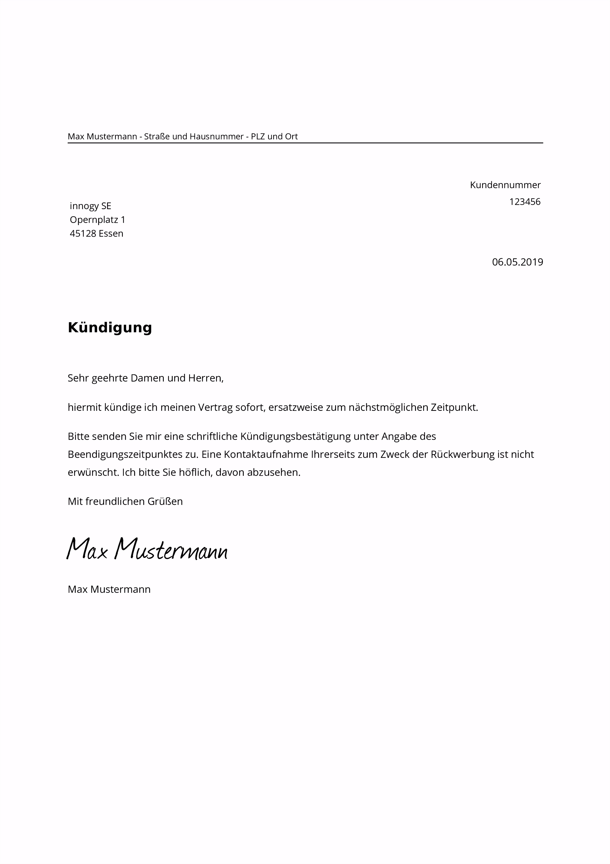 Innogy kündigen Kostenlose Muster Vorlage PDF Word