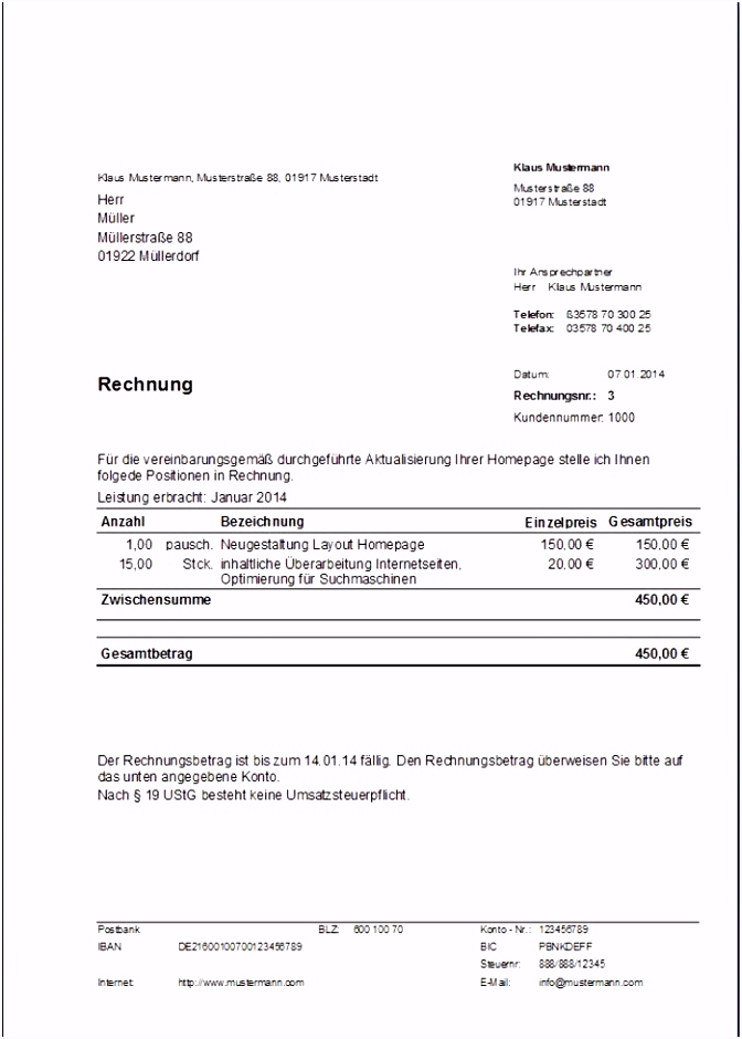 11 vordruck rechnung kleinunternehmer