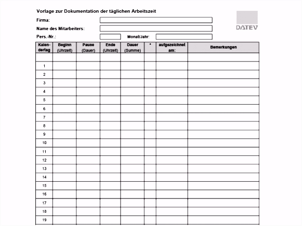 Excelent Datev Vorlage Zur Dokumentation Der T glichen Arbeitszeit